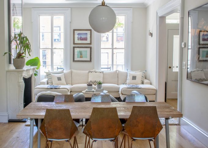 Brownstone living room layout | You can use the dining table too