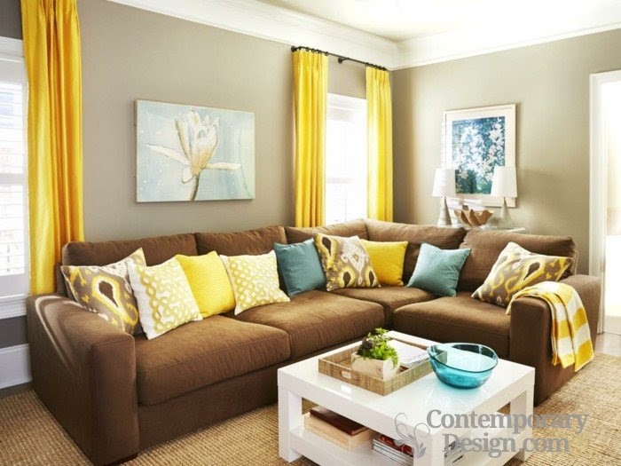 yellow and brown living room decorating ideas | Brown sofa and yellow curtain