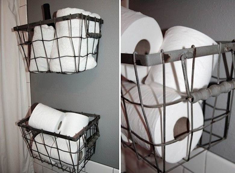 On A Wall-Mounted Basket or Tray | small bathroom toilet paper
